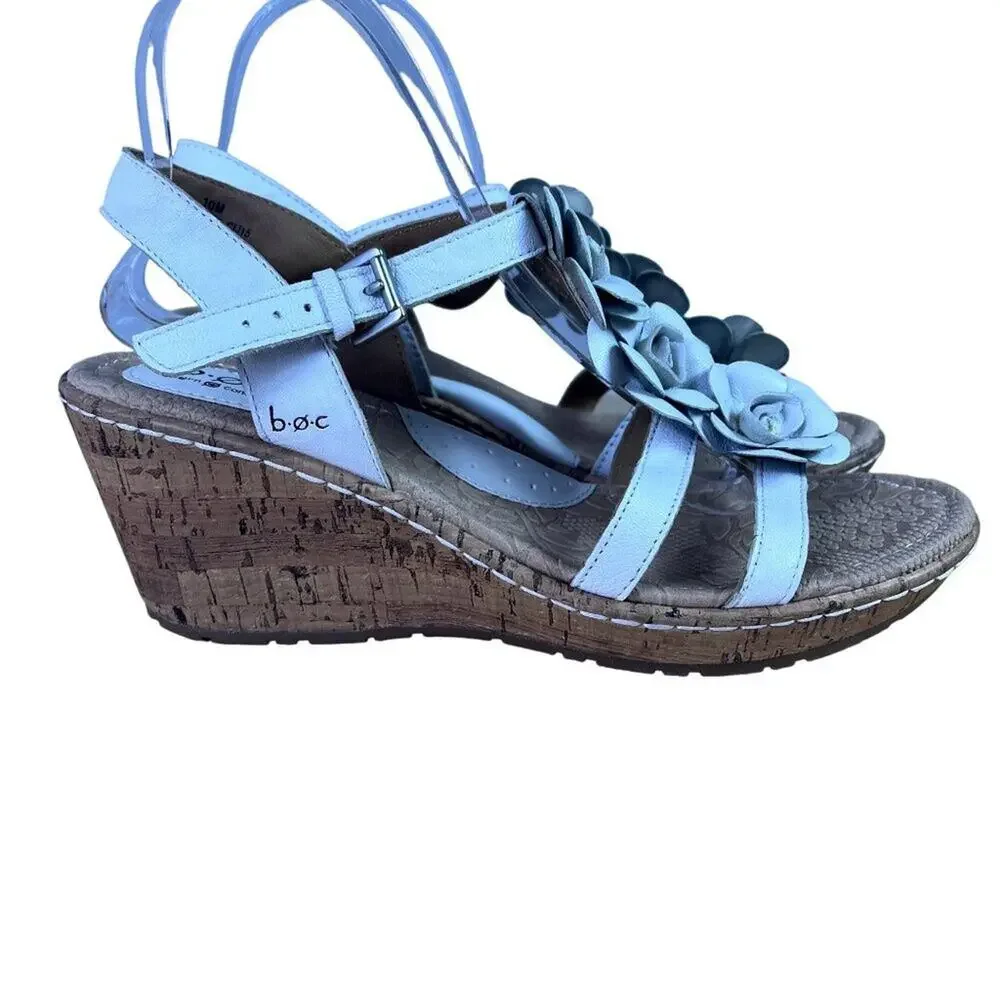 BOC Cornelis Wedge Sandals 10M White Floral Adjustable Ankle Strap Leather Upper